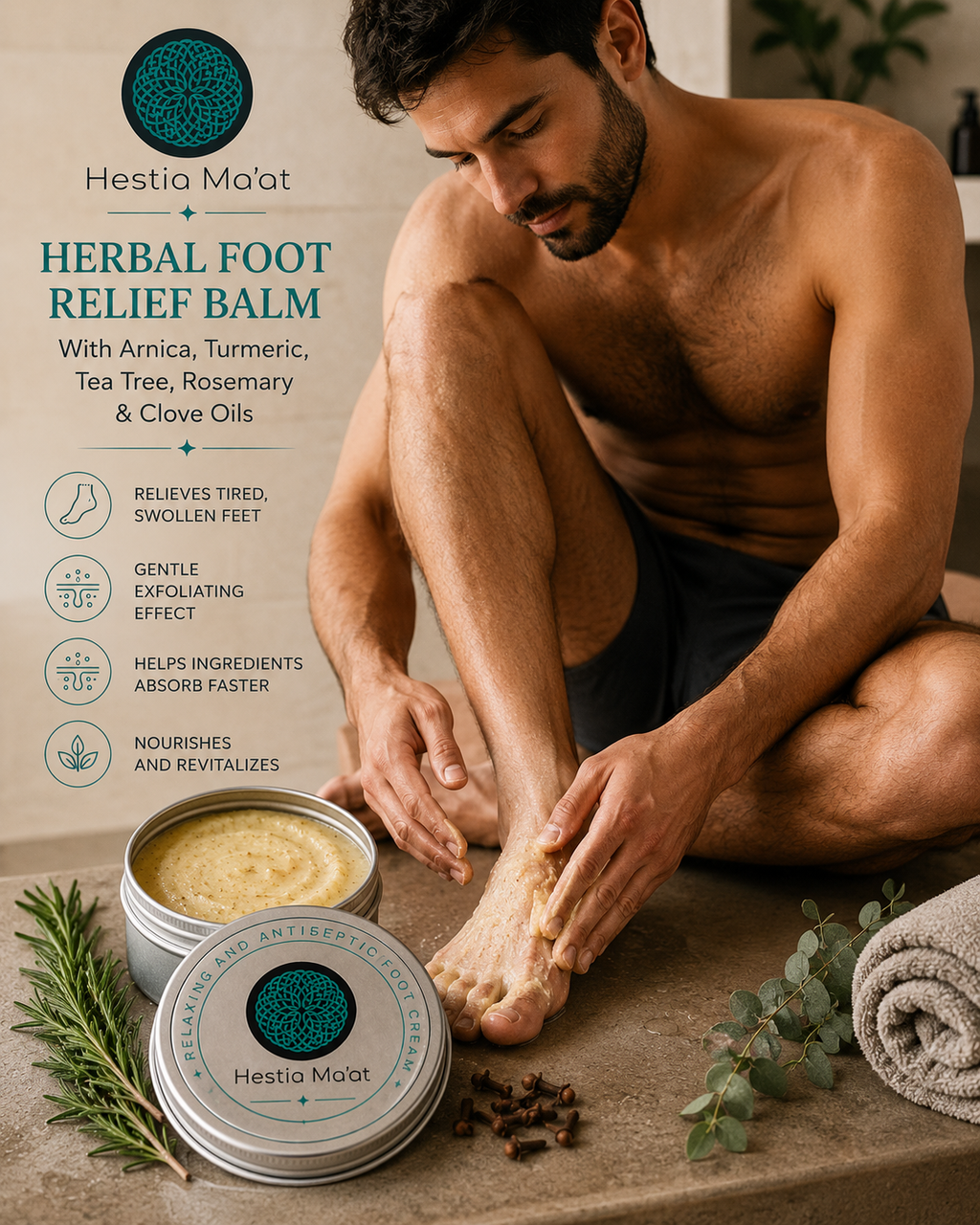 Herbal Foot Relief Balm  whith  Arnica, Tea Tree, Rosemary & clove oil. 2.0 oz.